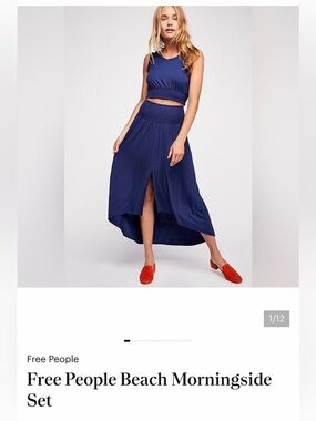 Free People Navy Smocked High-Low Skirt with Front Slit